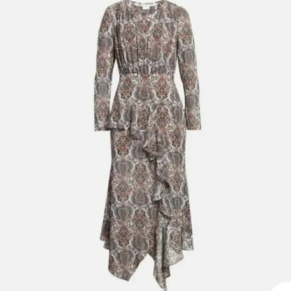 VERONICA BEARD Sazan LS Handkerchief Hem Paisley Dress In Ecru Multi- Size 2 - Picture 3 of 8